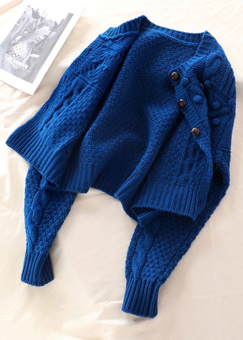 Grande Taille Femmes Bleu Bouton Tricot Pull Manteau Printemps