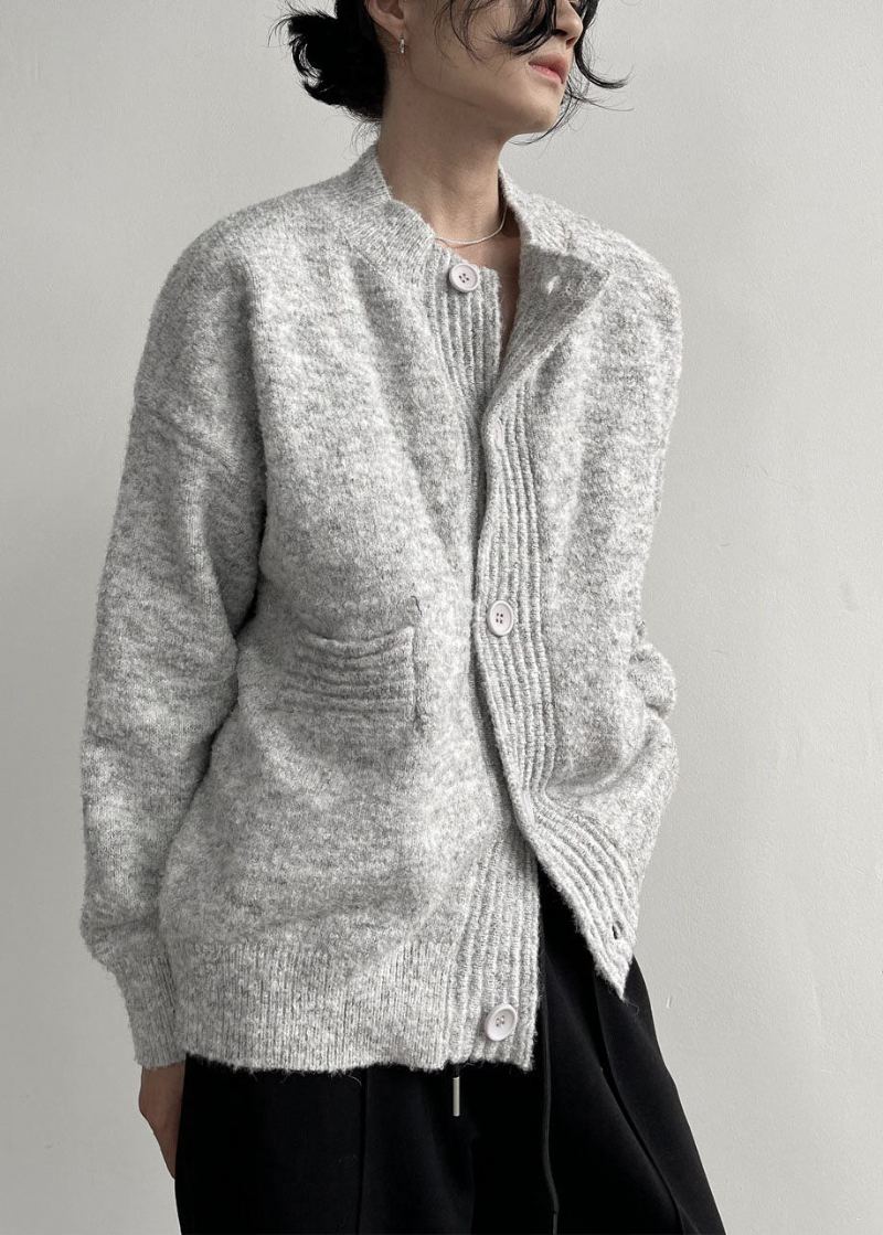 Grande Taille Gris Col Montant Surdimensionné Confortable Laine Homme Cardigans Hiver