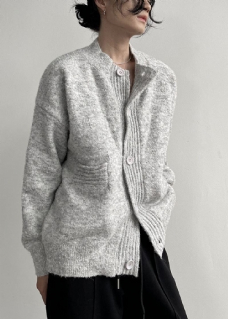 Grande Taille Gris Col Montant Surdimensionné Confortable Laine Homme Cardigans Hiver