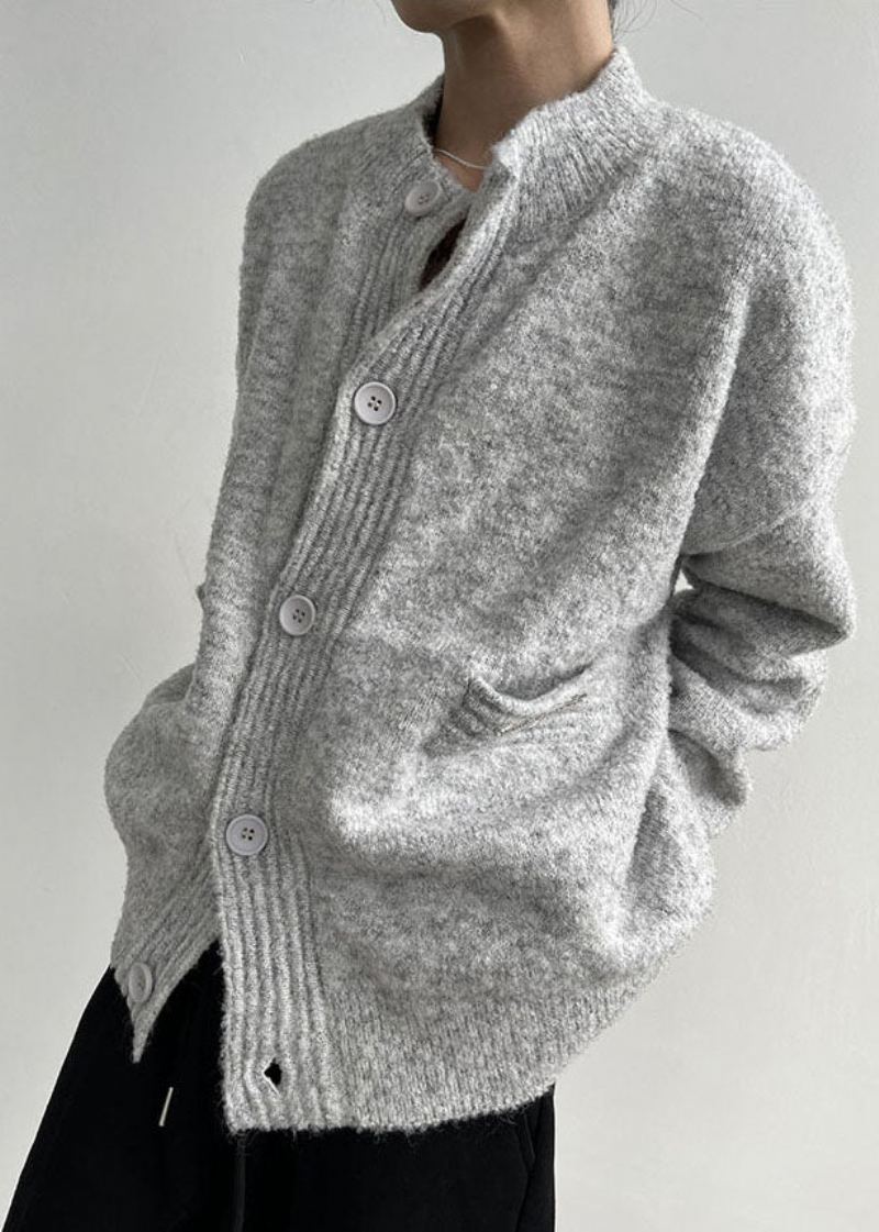 Grande Taille Gris Col Montant Surdimensionné Confortable Laine Homme Cardigans Hiver - Cardigans femmes