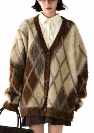 Grande Taille Marron Col En V Plaid Chaud Polaire Tricot Cardigans Hiver