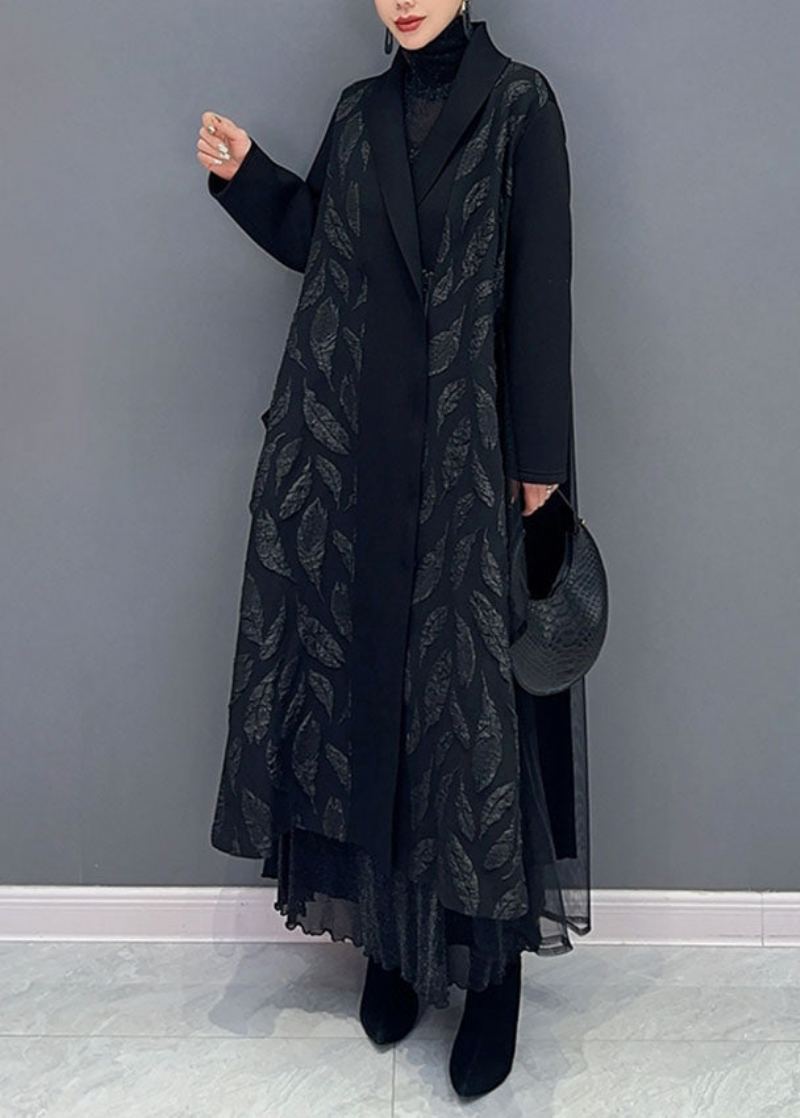 Grande Taille Noir Cranté Tulle Patchwork Maxi Cardigans À Manches Longues - Cardigans femmes