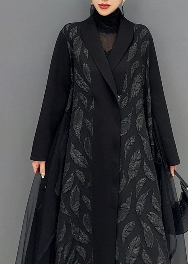 Grande Taille Noir Cranté Tulle Patchwork Maxi Cardigans À Manches Longues - Cardigans femmes