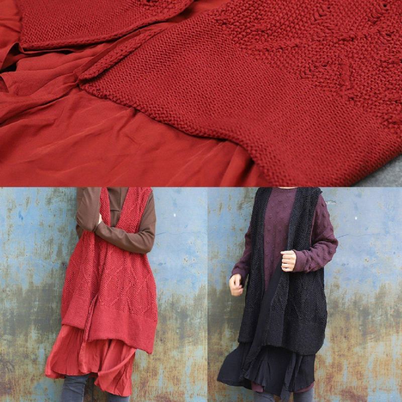 Gros Cardigans Tricotés Rouges Surdimensionnés Sans Manches Vêtements D'extérieur En Tricot Ajouré - Rouge