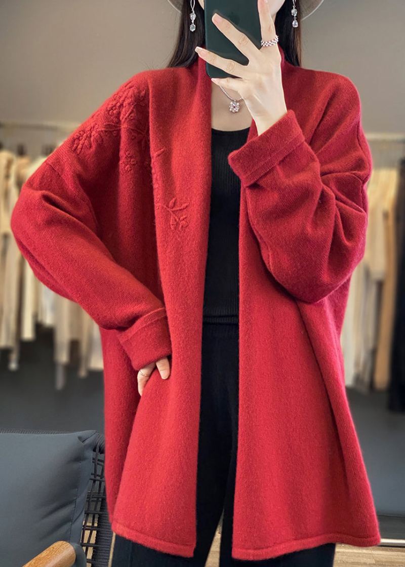 Haut Cardigan En Cachemire Brodé À Col En V Rouge Ample Automne - Cardigans femmes