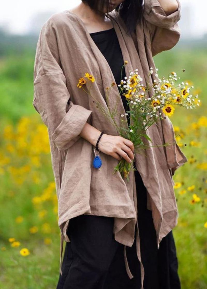 Haut En Lin Naturel Grande Taille Manteau Décontracté À Manches Longues Avec Laçage De Couleur Pure - Vert Noirâtre