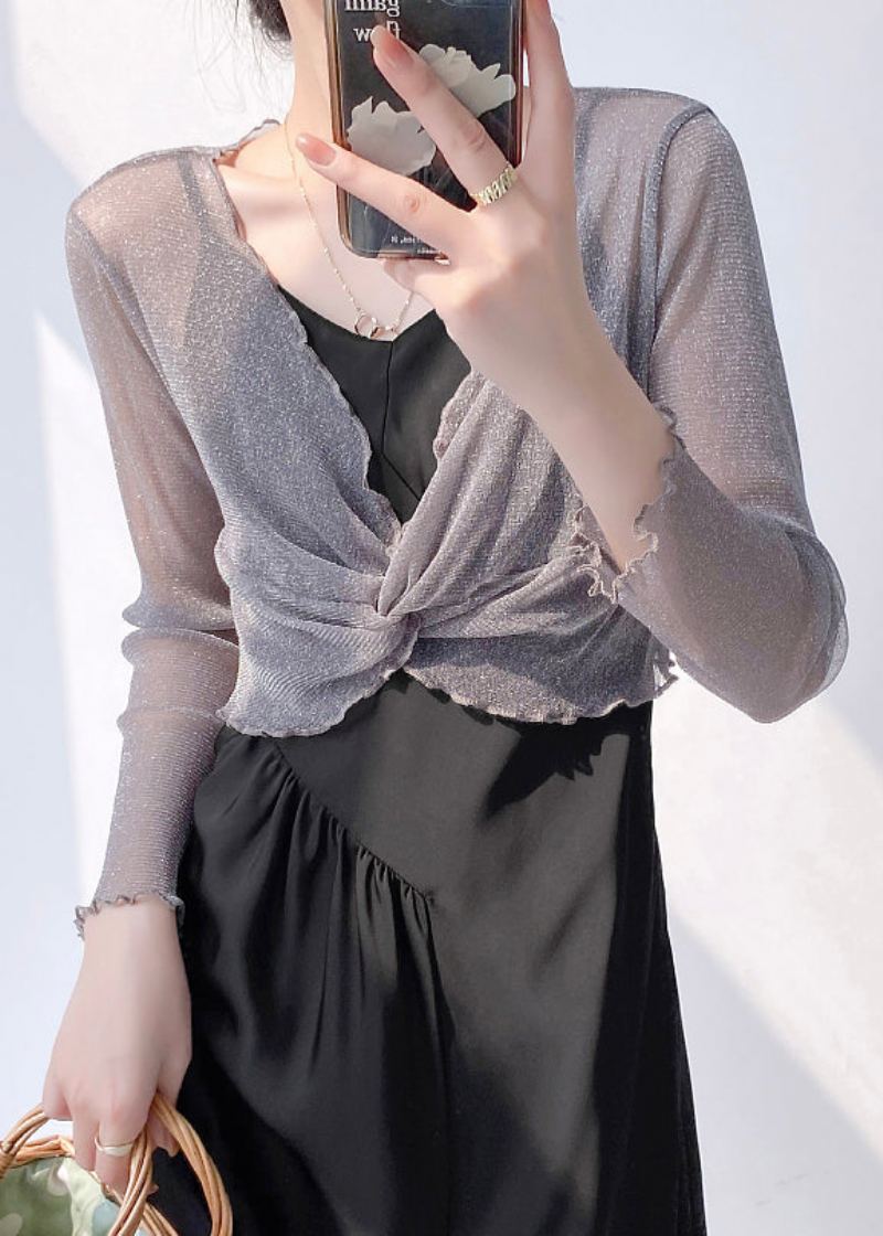 Haut Sexy En Tulle Froissé Gris À Col En V Et Manches Longues - Cardigans femmes