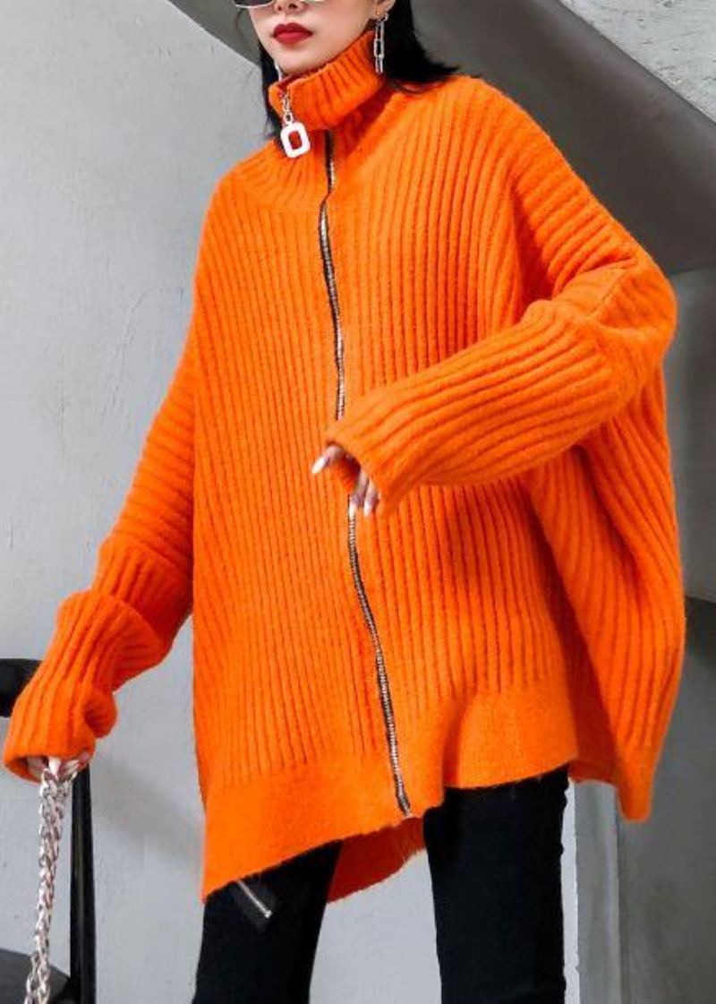 Hauts En Tricot Orange D'hiver Chemisier En À Fermeture Éclair À Col Haut Grande Taille Tendance