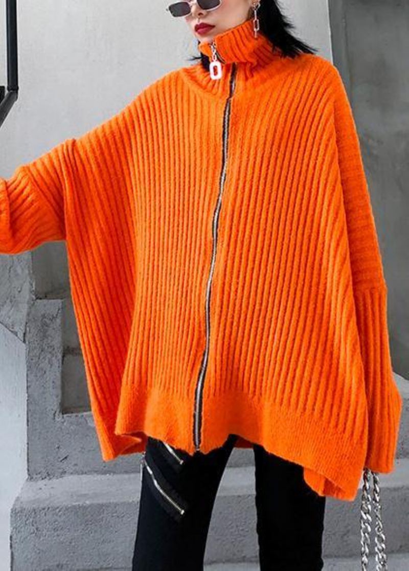 Hauts En Tricot Orange D'hiver Chemisier En À Fermeture Éclair À Col Haut Grande Taille Tendance - Orange