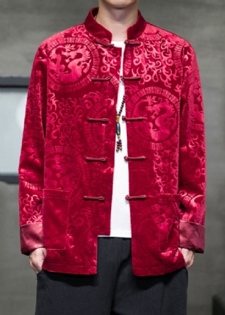 Jacquard Rouge Poches Bouton Soie Velours Hommes Manteaux Printemps