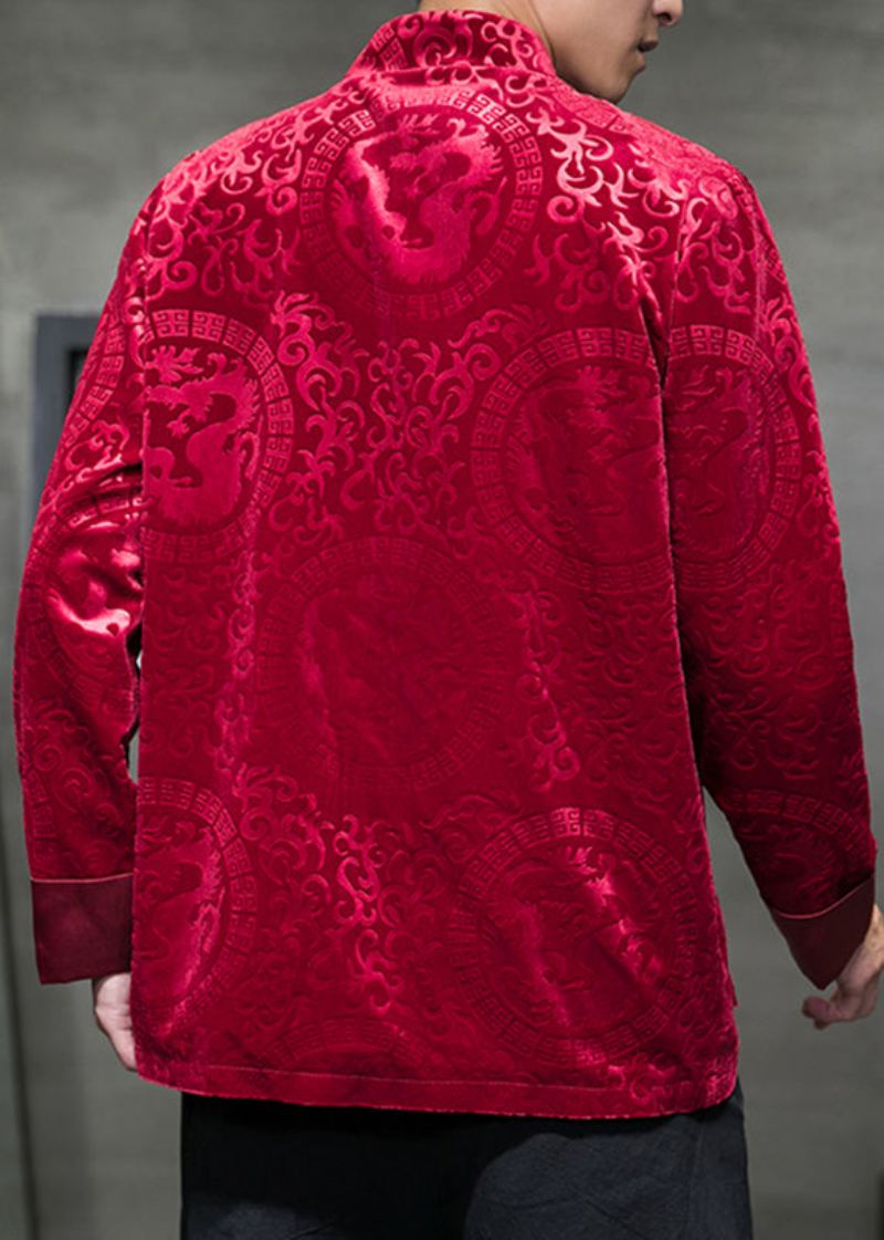 Jacquard Rouge Poches Bouton Soie Velours Hommes Manteaux Printemps - Rouge