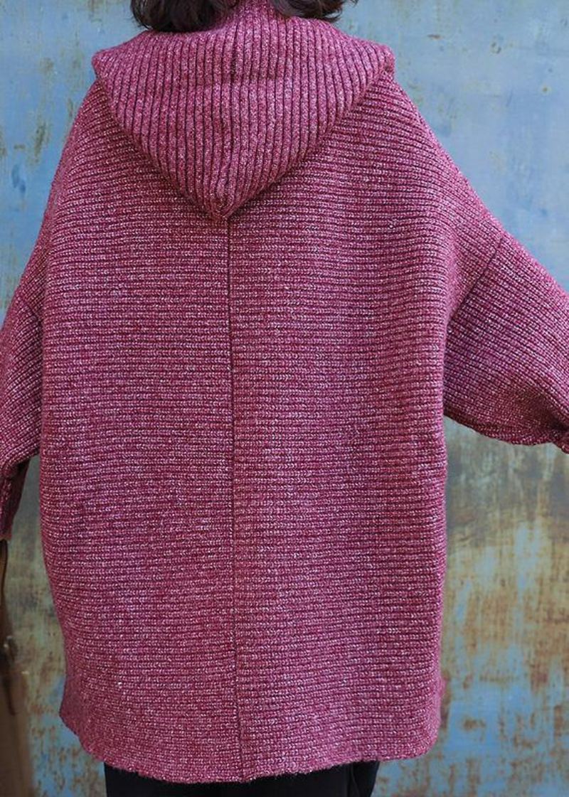 Joli Manteau Tricoté À Capuche Surdimensionné Rouge Deux Grandes Poches Pull - Cardigans femmes