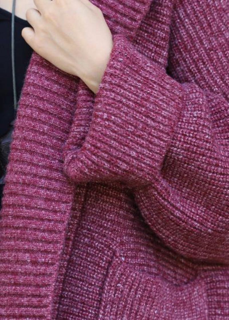 Joli Manteau Tricoté À Capuche Surdimensionné Rouge Deux Grandes Poches Pull - Cardigans femmes