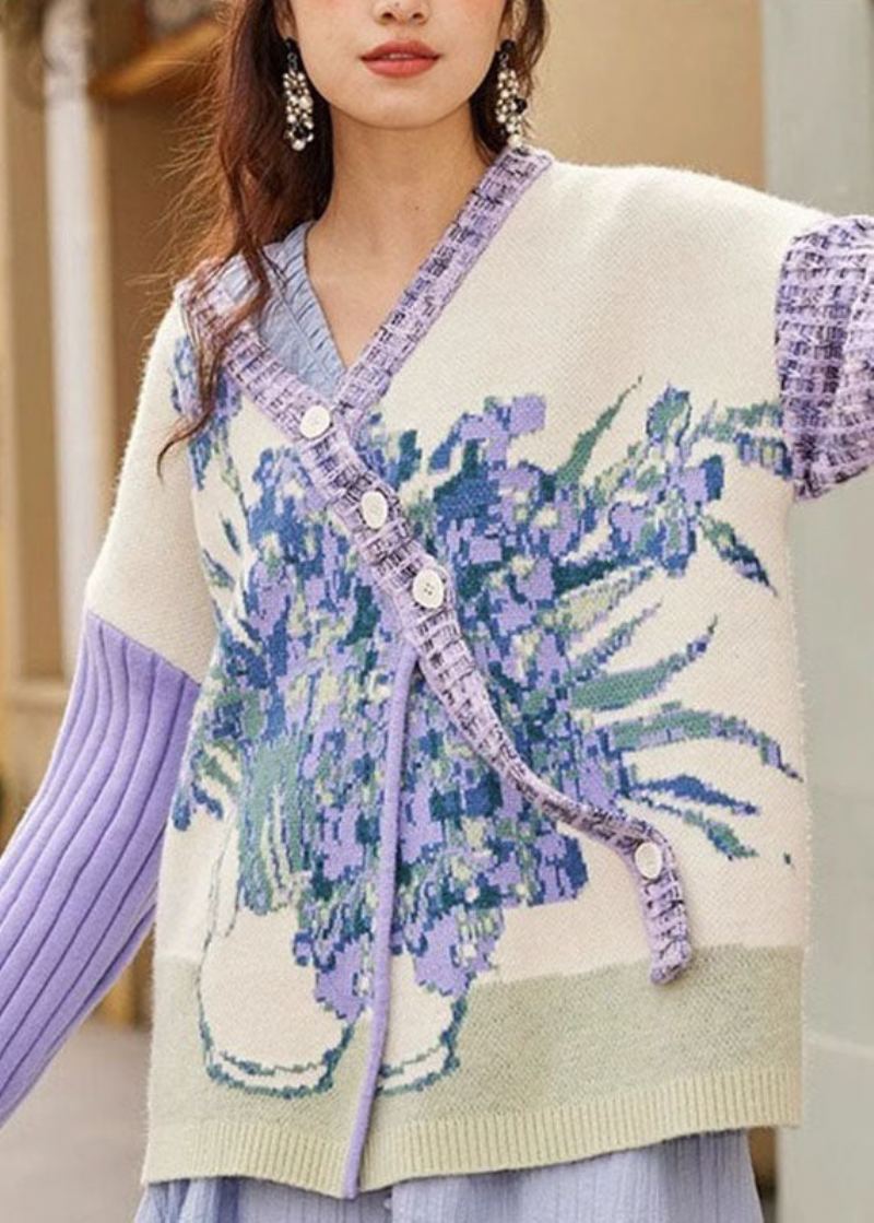 Lâche Violet Col En V Bouton Floral Coton Tricot Pull Manteaux Automne