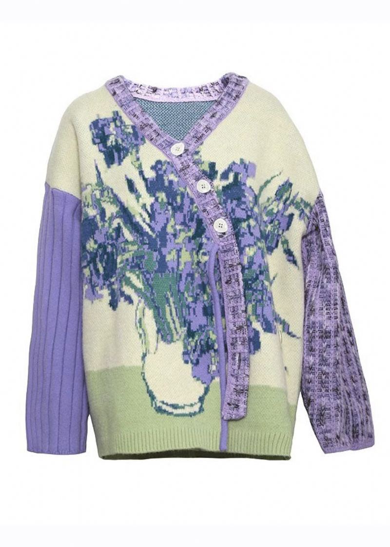 Lâche Violet Col En V Bouton Floral Coton Tricot Pull Manteaux Automne - Violet