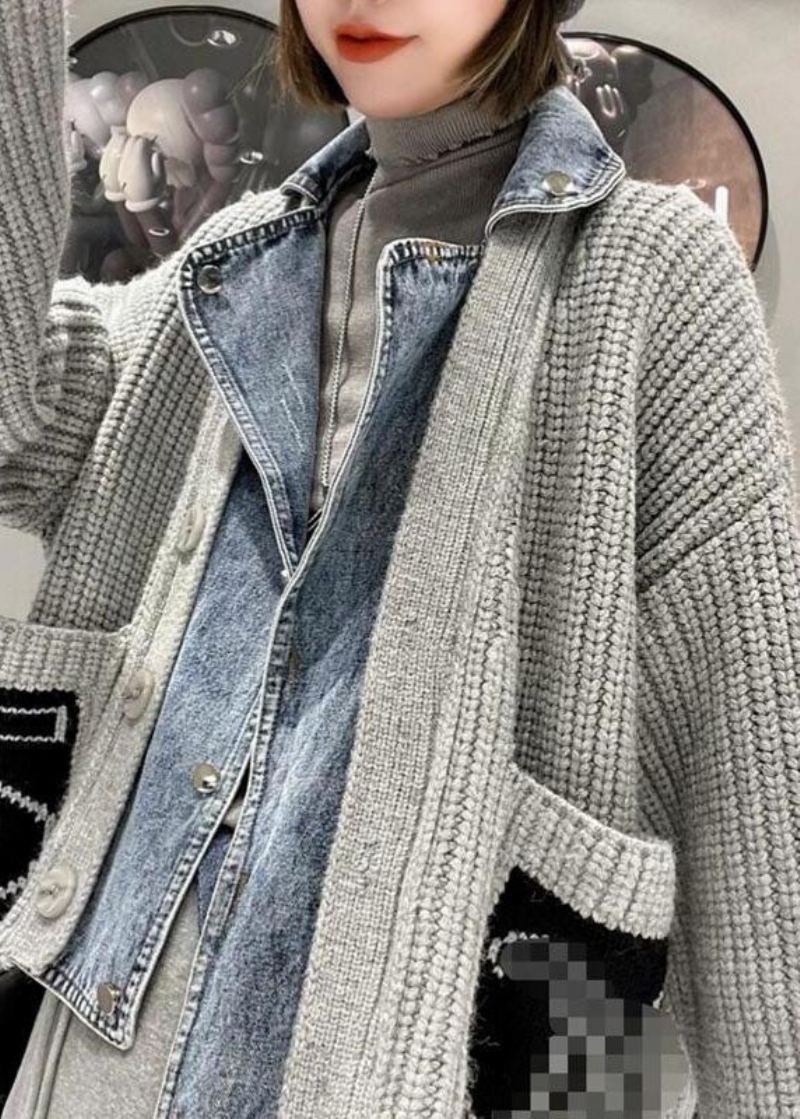 Magnifique Manteau Pull D'automne En Denim Gris Avec Poches Et Boutons En Patchwork - Gris