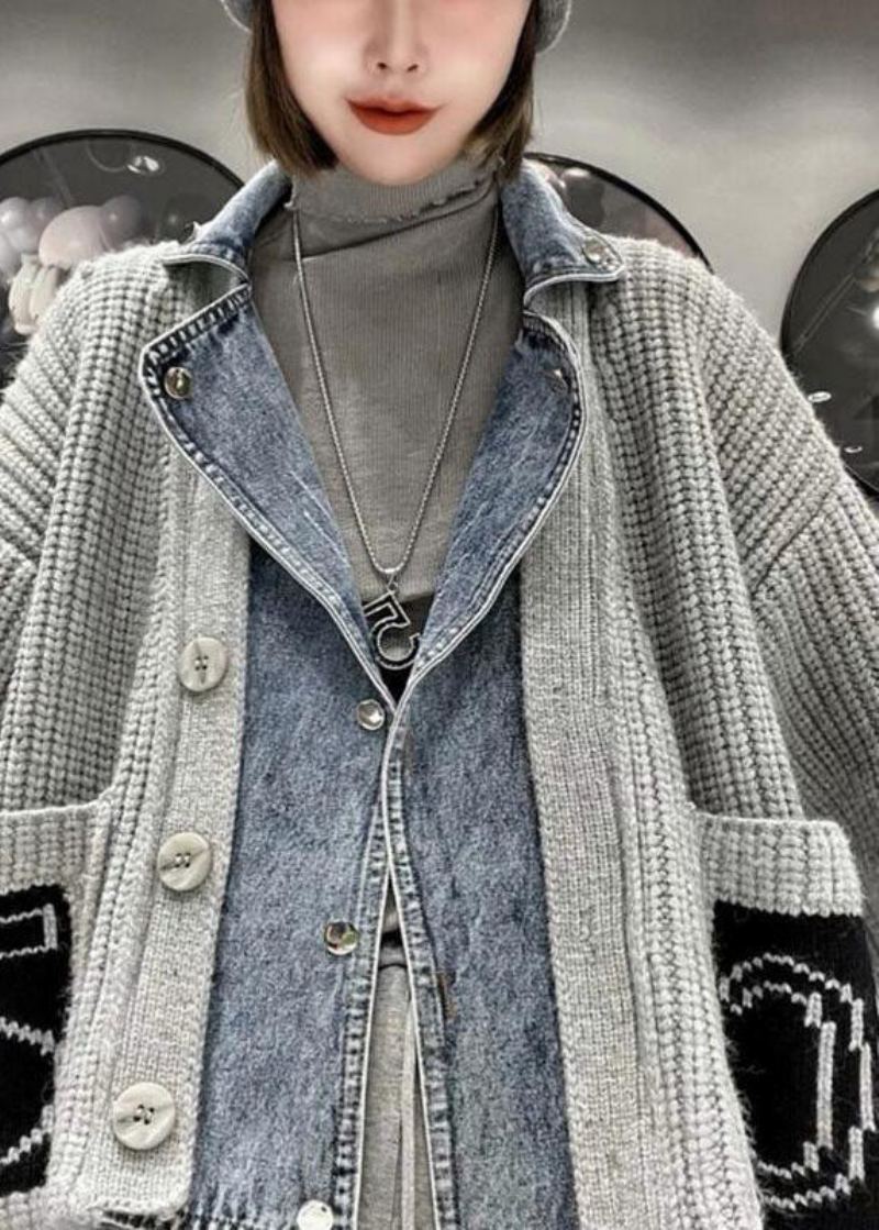 Magnifique Manteau Pull D'automne En Denim Gris Avec Poches Et Boutons En Patchwork - Gris