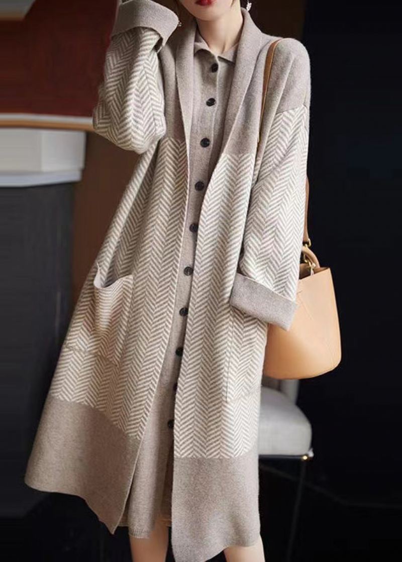 Manteau Ample Beige À Col En V Et Poches Patchwork Long Et Automne