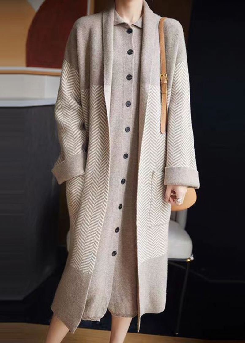 Manteau Ample Beige À Col En V Et Poches Patchwork Long Et Automne - Cardigans femmes