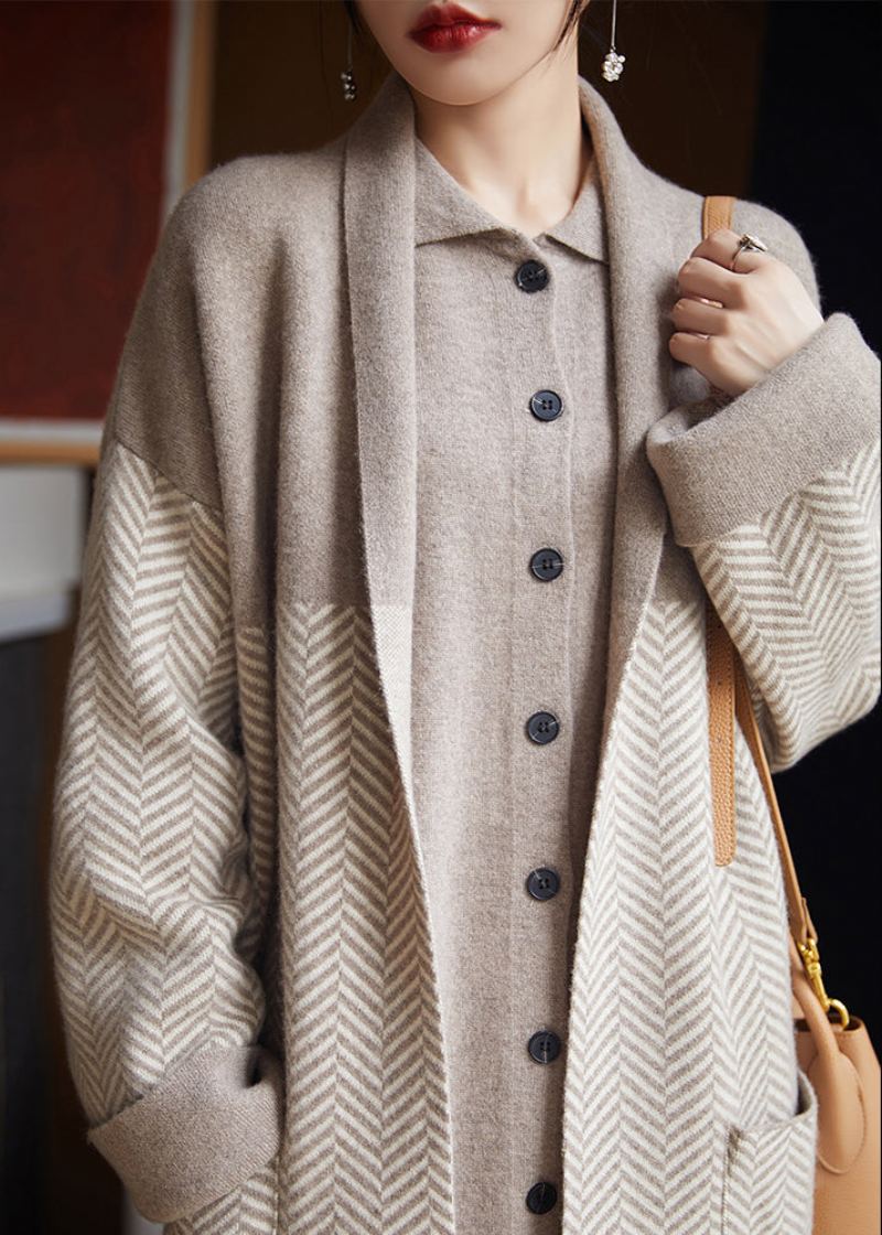 Manteau Ample Beige À Col En V Et Poches Patchwork Long Et Automne - Cardigans femmes