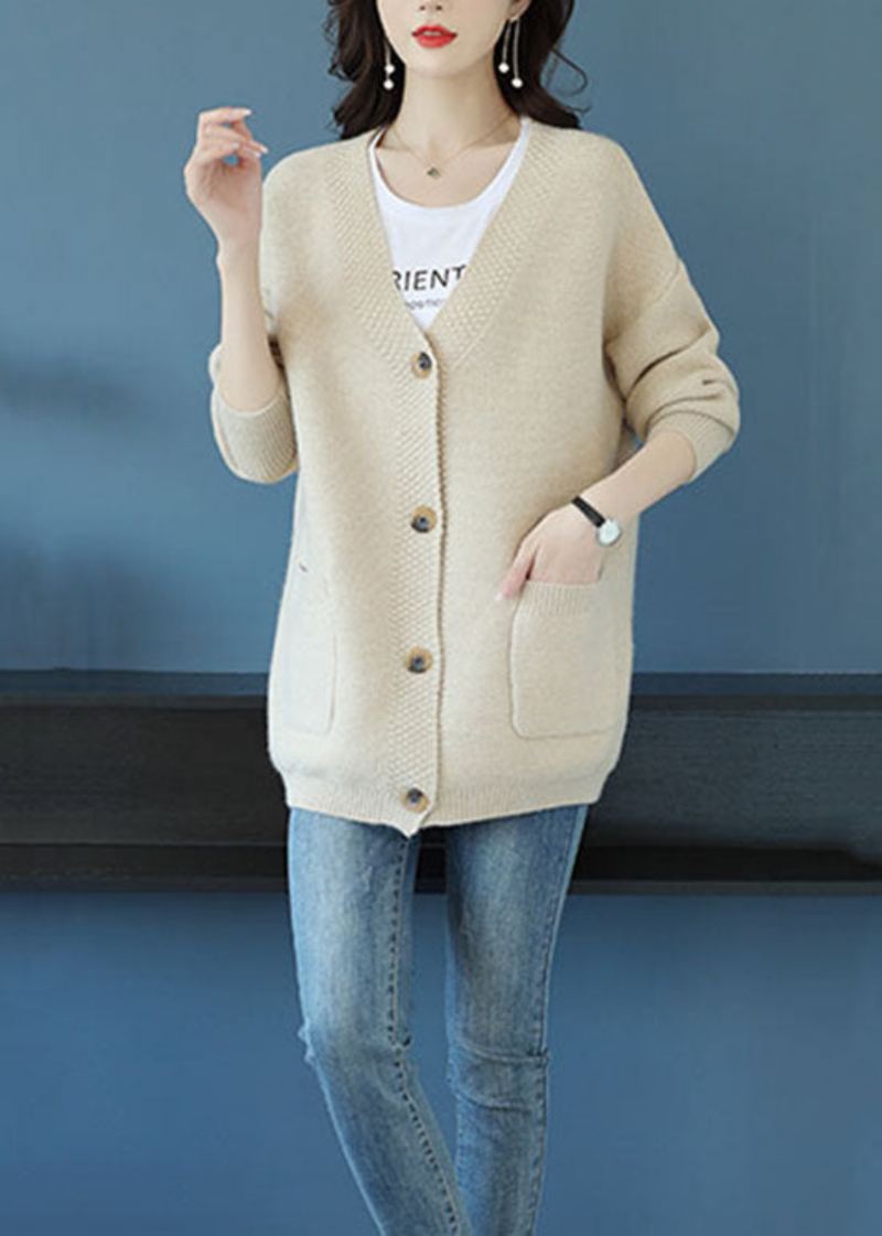 Manteau Ample En Cachemire Beige Élégant Avec Poches À Col En V Et Patchwork Automne - Cardigans femmes