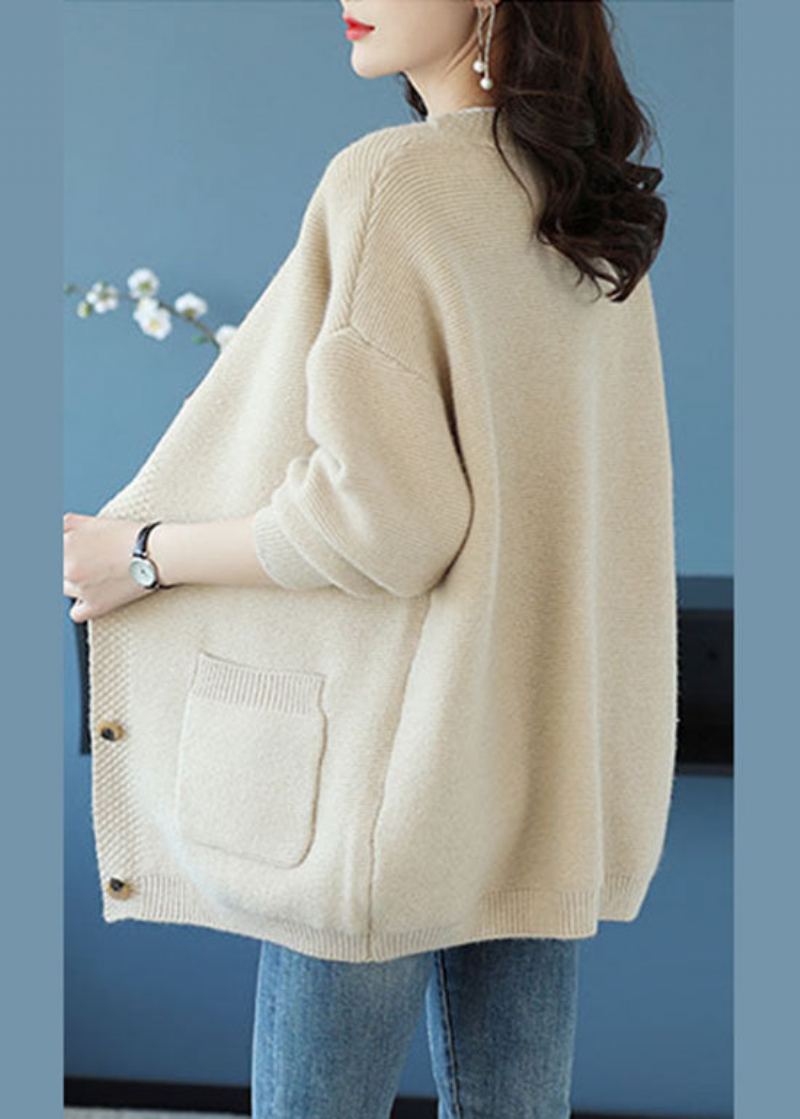 Manteau Ample En Cachemire Beige Élégant Avec Poches À Col En V Et Patchwork Automne - Cardigans femmes