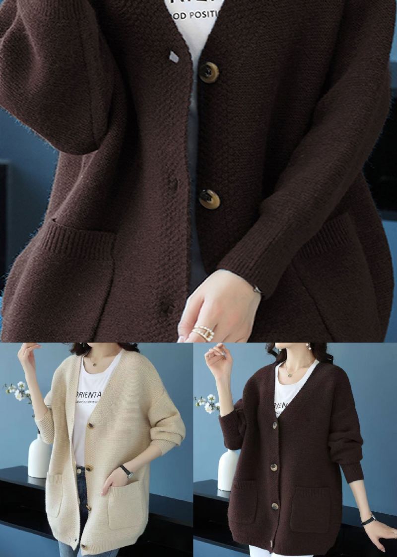 Manteau Ample En Cachemire Beige Élégant Avec Poches À Col En V Et Patchwork Automne - Cardigans femmes