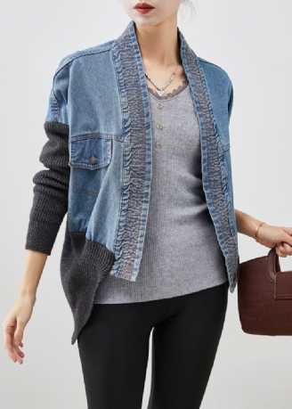 Manteau Ample En Denim Tricoté Pour Femme Bleu Surdimensionné Patchwork Automne