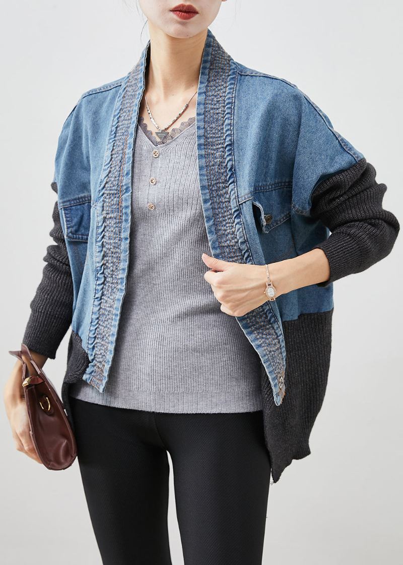 Manteau Ample En Denim Tricoté Pour Femme Bleu Surdimensionné Patchwork Automne - Cardigans femmes