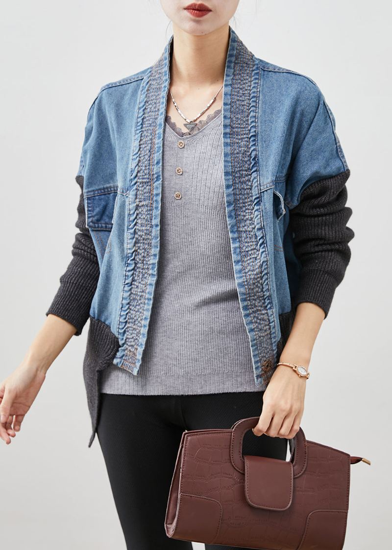 Manteau Ample En Denim Tricoté Pour Femme Bleu Surdimensionné Patchwork Automne - Cardigans femmes