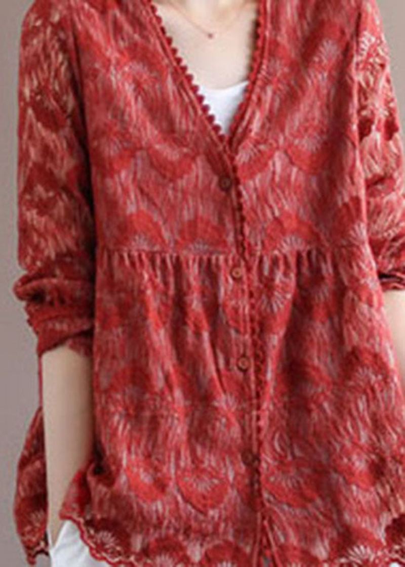 Manteau Ample En Dentelle Patchwork Rouge Brodé À Manches Longues - Cardigans femmes