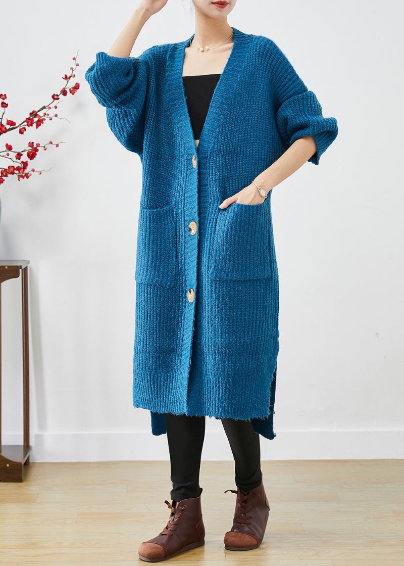 Manteau Ample En Tricot Épais Bleu Poches Surdimensionnées Automne