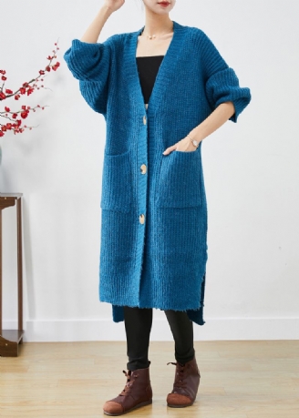 Manteau Ample En Tricot Épais Bleu Poches Surdimensionnées Automne