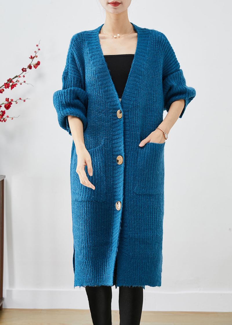 Manteau Ample En Tricot Épais Bleu Poches Surdimensionnées Automne - Cardigans femmes