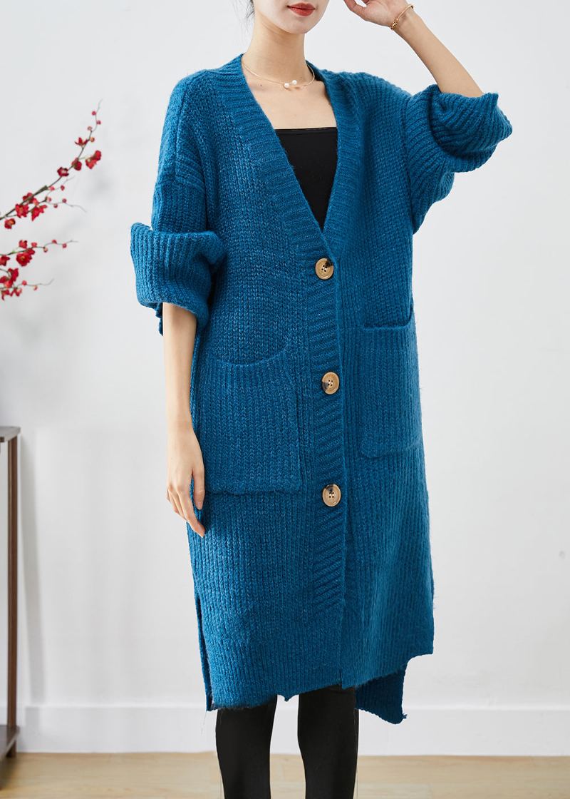 Manteau Ample En Tricot Épais Bleu Poches Surdimensionnées Automne - Cardigans femmes