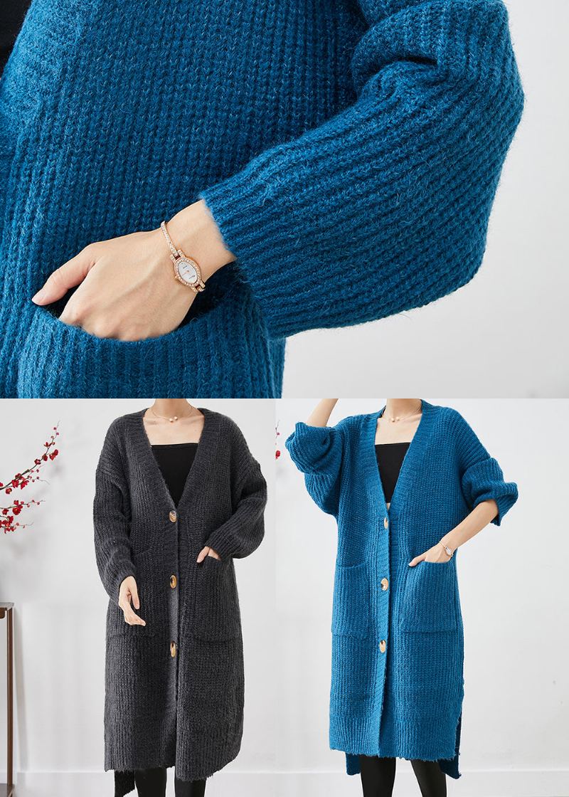 Manteau Ample En Tricot Épais Bleu Poches Surdimensionnées Automne - Cardigans femmes