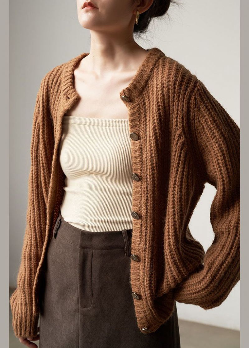 Manteau Ample En Tricot De Laine À Boutons Marron Chic Hiver - Cardigans femmes