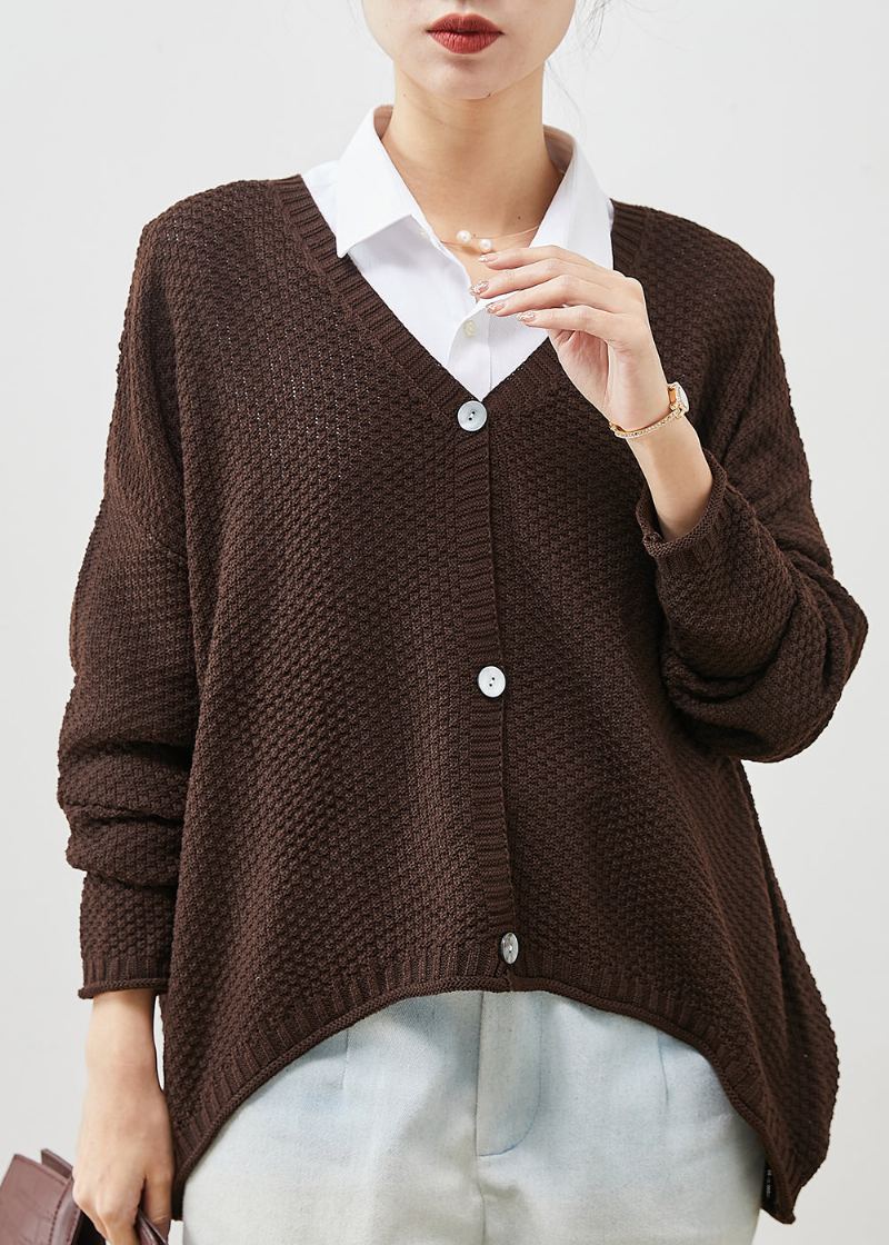 Manteau Ample En Tricot Surdimensionné Marron À Col En V Printemps - Cardigans femmes