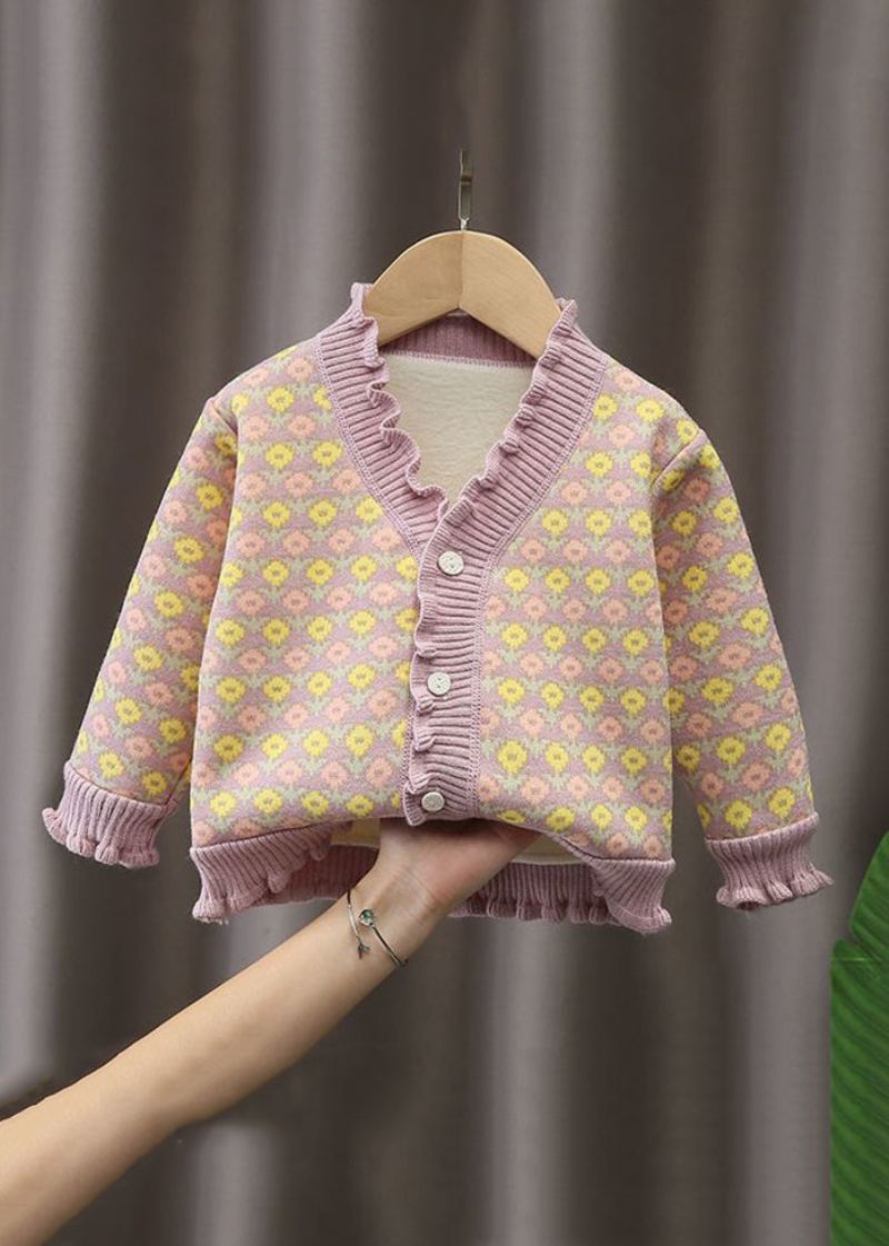 Manteau De Bébé En Polaire Chaud Imprimé Bouton À Volants Beige Élégant À Manches Longues - Cardigans femmes