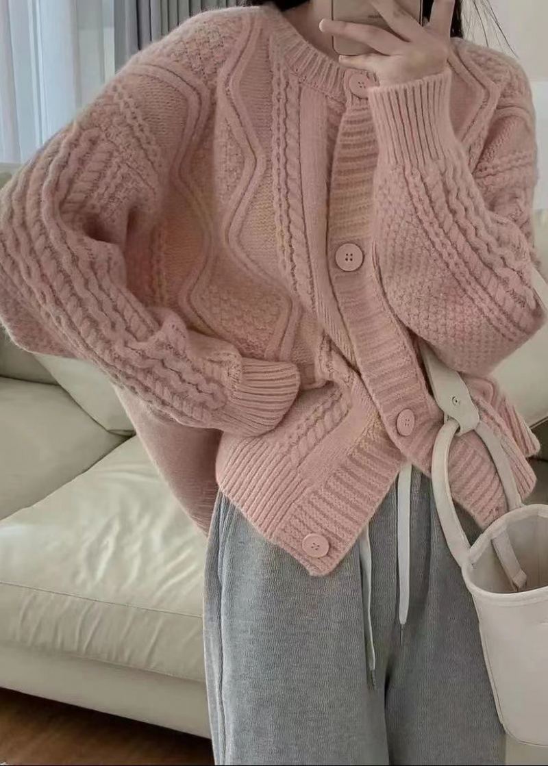 Manteau Beige Confortable En Tricot Torsadé Avec Boutons Et Col Rond Vêtement D'extérieur D'automne - Cardigans femmes