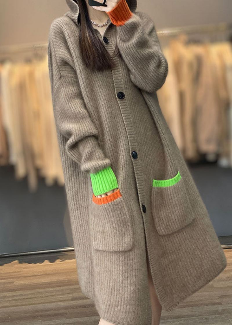 Manteau En Cachemire Italien Kaki À Capuche Avec Poches Et Boutons En Patchwork Automne