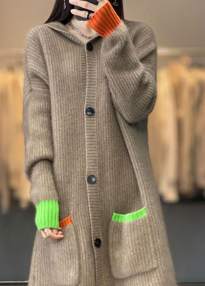 Manteau En Cachemire Italien Kaki À Capuche Avec Poches Et Boutons En Patchwork Automne - Cardigans femmes