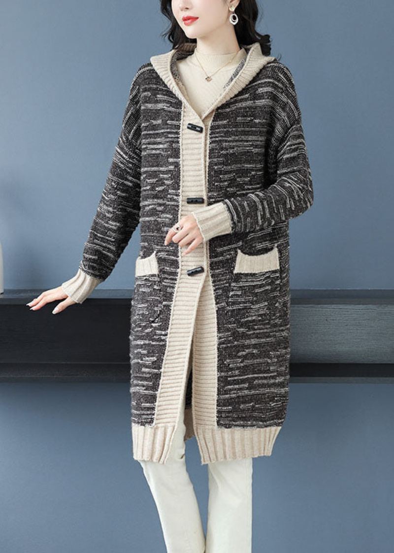 Manteau À Capuche En Tricot Patchwork Avec Poches Noires Faites À La Main Automne - Cardigans femmes