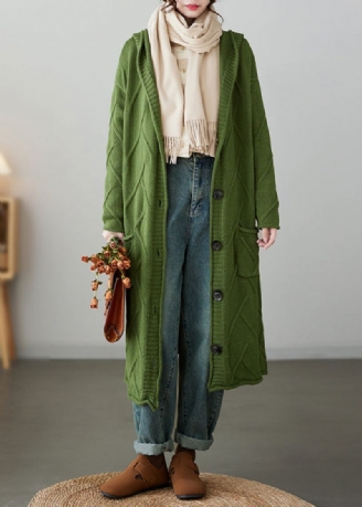 Manteau Cardigan En Tricot Ample Vert À Capuche Avec Poches Patchwork Automne