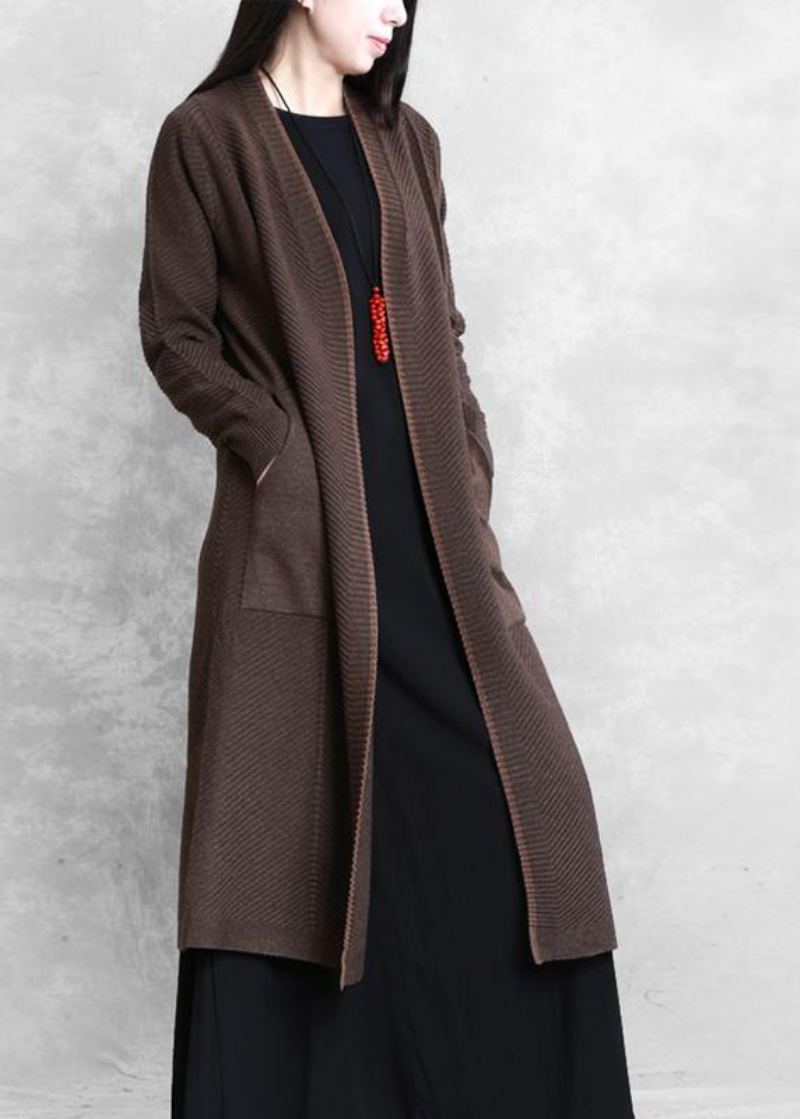 Manteau Chocolat Élégant Grande Taille Poches Long