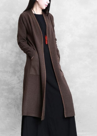 Manteau Chocolat Élégant Grande Taille Poches Long