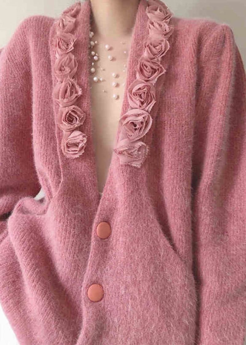 Manteau En Coton Tricoté En Patchwork De Boutons À Col En V Rose Bohème Automne - Cardigans femmes