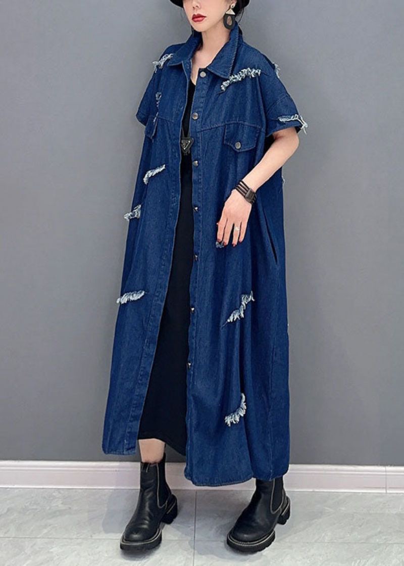 Manteau En Denim Déchiré En Coton Surdimensionné Bleu Marine De Grande Taille Vêtements D'extérieur À Manches Courtes - Cardigans femmes