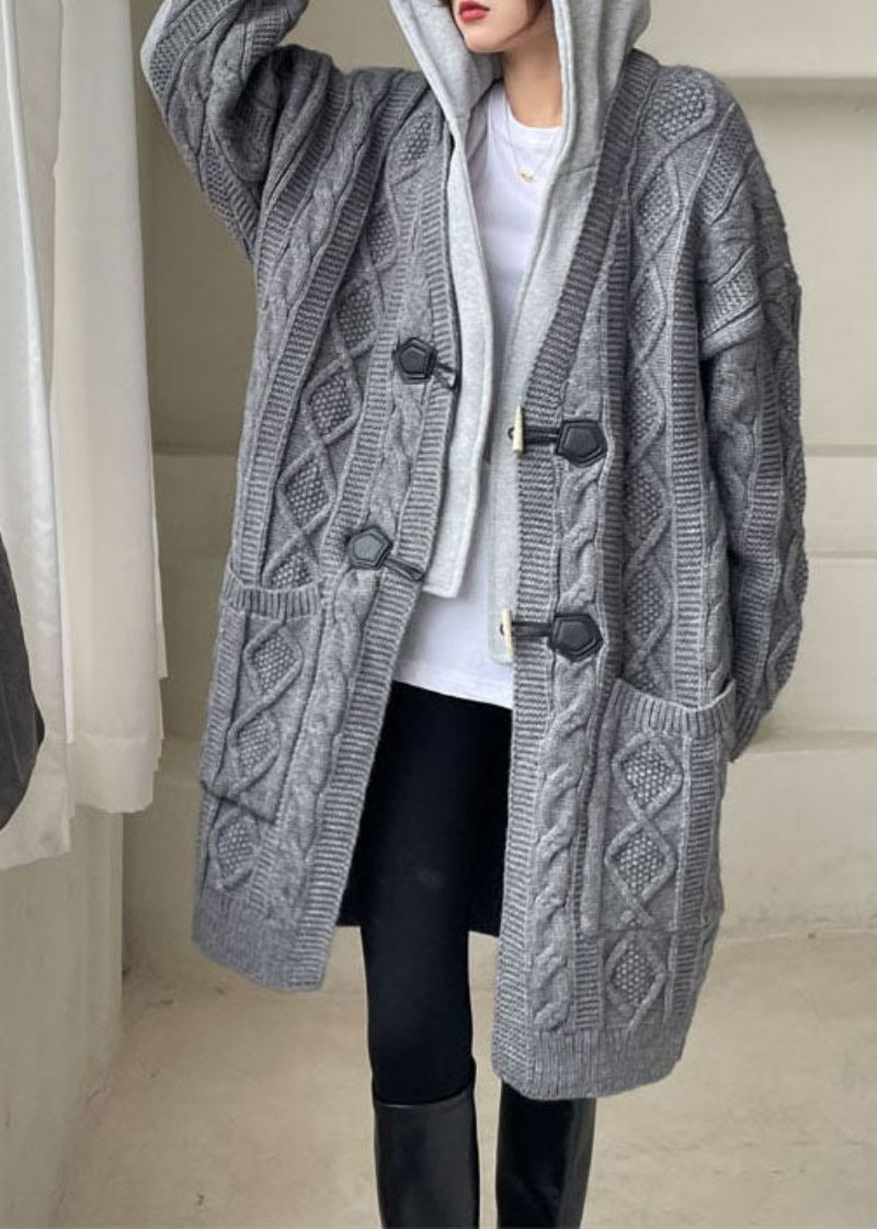 Manteau D'hiver Gris À Capuche En Patchwork De Grande Taille - Cardigans femmes