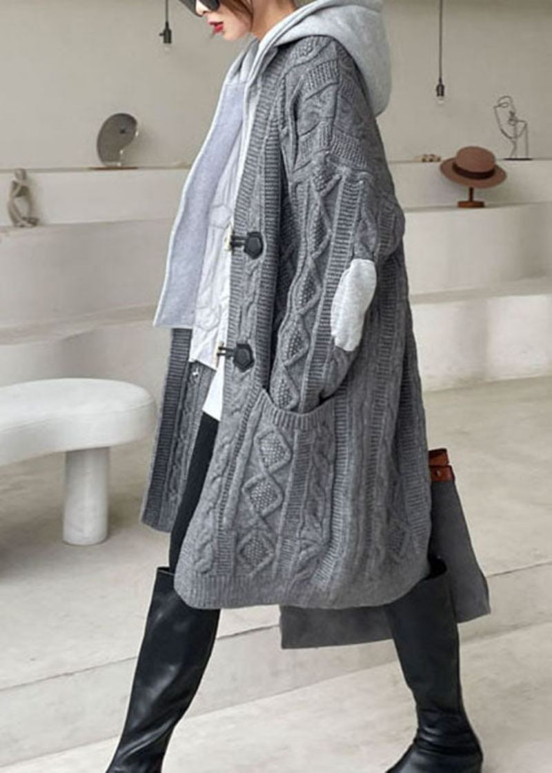 Manteau D'hiver Gris À Capuche En Patchwork De Grande Taille - Cardigans femmes